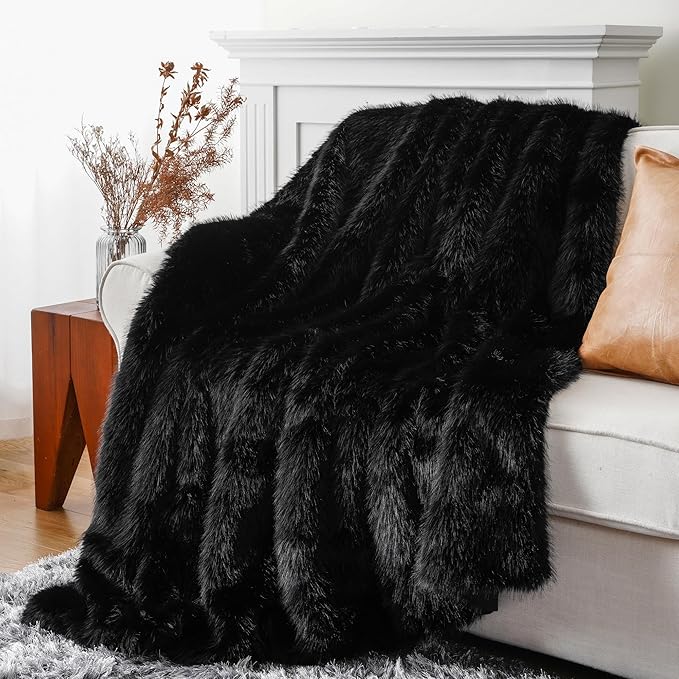 BATTILO HOME Luxury Fluffy Black Faux Fur Throw Blanket, Black Blanket for Couch, Sofa, Chair, Bed, Plush Fuzzy Cozy Fur Throws with Long Pile, 50"x60"