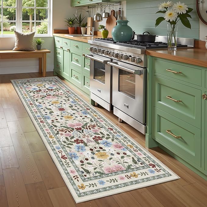 Deerly Floral Runner Rug 3x8 for Hallway Vintage Boho Washable Bathroom Kitchen Bedroom Runner Rugs Non-Slip Soft Low Pile Thin Indoor Carpet for Laundry Room Farmhouse Flower, Beige/Green/Multi