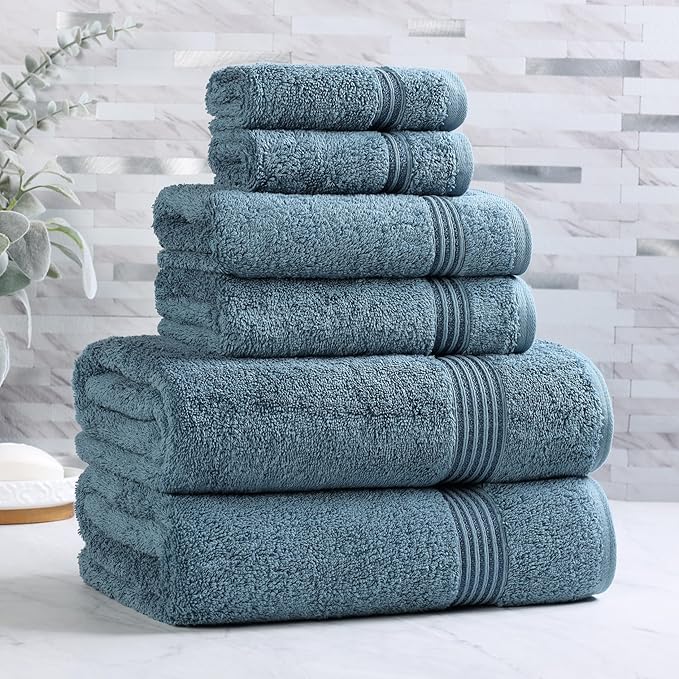 Superior Egyptian Cotton 6-Piece Towel Set, Bathroom Essentials, Towels For Bathroom, Apartment, Airbnb, Guest Bath, Face, Hand, Bath Towels, Washcloths, Absorbent, Fast Drying, Sapphire
