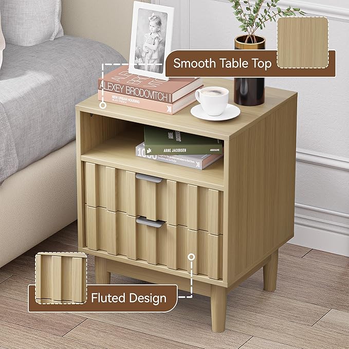 Fluted Nightstand with 2 Drawers, 19" Wide Night Stand with Solid Wood Legs, Open Storage Shelf, Mid Century Modern Wooden Bedside Table for Bedroom, Bed End Side Table, Oak