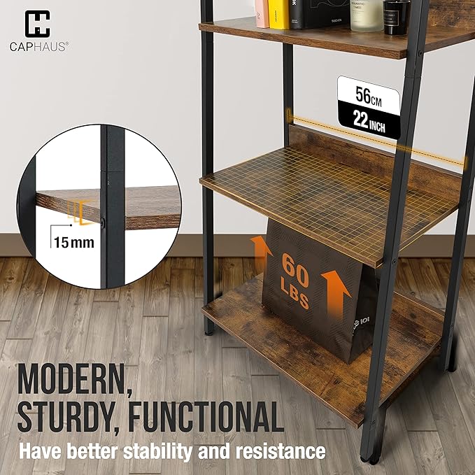 CAPHAUS 5 Tier Ladder Bookshelf, 24 Inch Width Free Standing Shelf, Bookcase Shelf Storage Rack Organizer, Industrial Book Shelves for Home Office, Living Room, Kitchen, Rustic Oak, Vintage Shelves