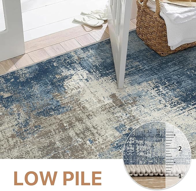 GENIMO Washable Area Rugs for Living Room Bedroom, 9x12 Modern Abstract Non Slip Rug, Low Pile Soft Contemporary Indoor Floor Carpet Cover for Dinning Room Kitchen, Slate Blue