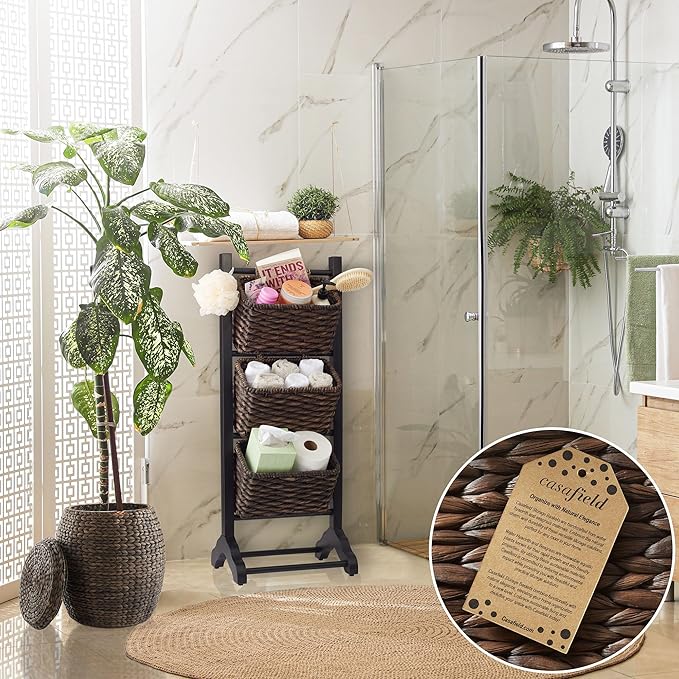 Casafield 3-Tier Floor Stand with Water Hyacinth Storage Baskets, Black/Espresso - Standing Organizer Rack for Bathroom, Kitchen, Laundry, Living Room
