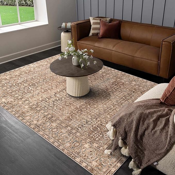 vivorug 5x7 Area Rugs - Ultra-Thin Washable Rug with Non-Slip Backing, Ideal for Living Room, Bedroom, Kitchen Floor Carpet - Vintage, Easy Clean, Durable, Sand/Antique