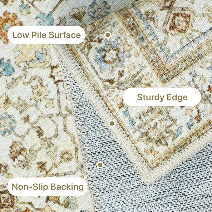 GENIMO Washable Area Rugs for Living Room Bedroom, 5x7 Boho Vintage Non Slip Rug, Low Pile Soft Floral Indoor Floor Carpet Cover for Dining Room Kitchen, Retro Yellow