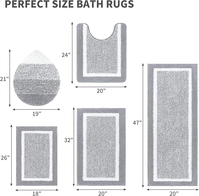 Pauwer Bathroom Rugs Set 5 Piece, Plush Absorbent Microfiber Bath Mats for Bathroom, Non Slip Washable Bath Rug Set with U Shaped Contour Toilet Rugs, Shower Rug and Toilet Lid Cover, Light Grey