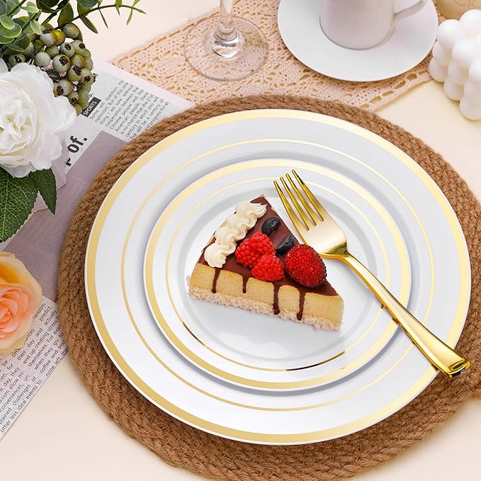 100PCS White Plastic Plates for Party, 7 Inch Heavy Duty Dinner Plates with Gold Rim, Disposable Plates for Wedding and Birthday