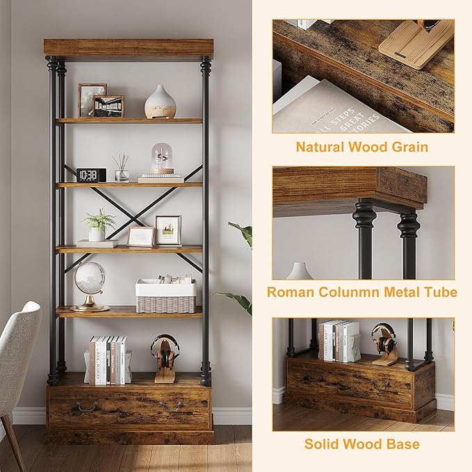 GarveeHome 81.3" Bookshelf with Storage Drawer, Tall Bookcase w/Metal Frame, 5 Tier Vintage Bookshelf Industry Display Storage Shelf for Office Living Room Library Bedroom