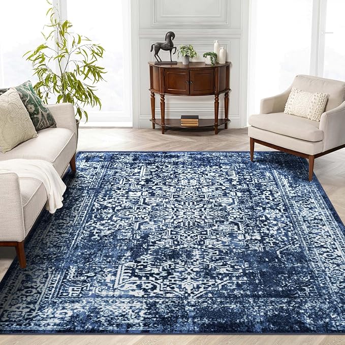 vivorug 4x6 Area Rugs, Stain Resistant Washable Rug for Living Room, Vintage-Inspired (Navy Blue, 4'x6')