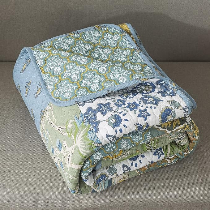 NEWLAKE Cotton Quilted Throw Blanket for Bed Couch Sofa, Reversible Matelasse Blanket with Real Stitched Embroidery,Green Farmhouse Garden,60X78 Inch