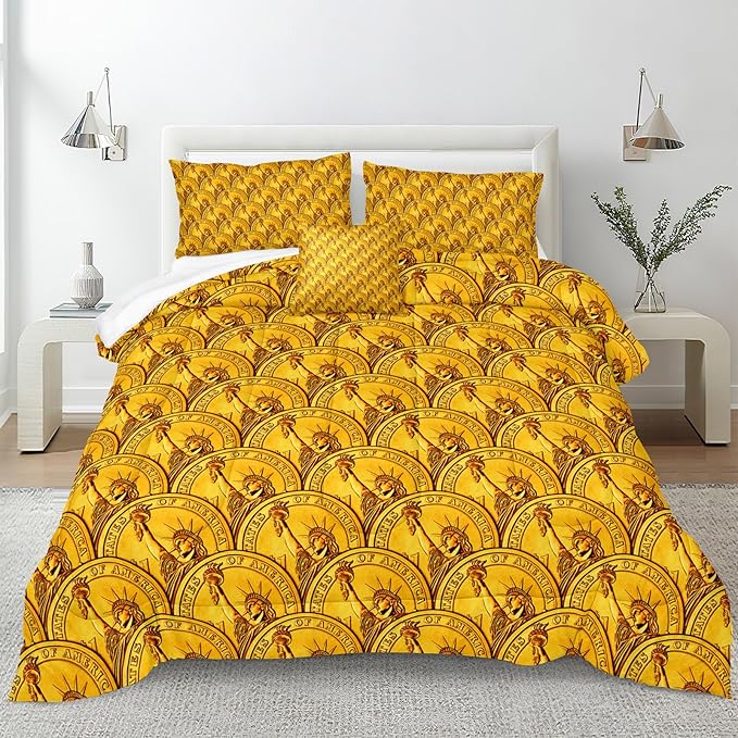 Bedorm Money Comforter Sets Gold Coins Bedding Queen Size Bed Sets Statue of Liberty New York Bedroom Decor Rich Funny Bedding Comforter Set Queen Size