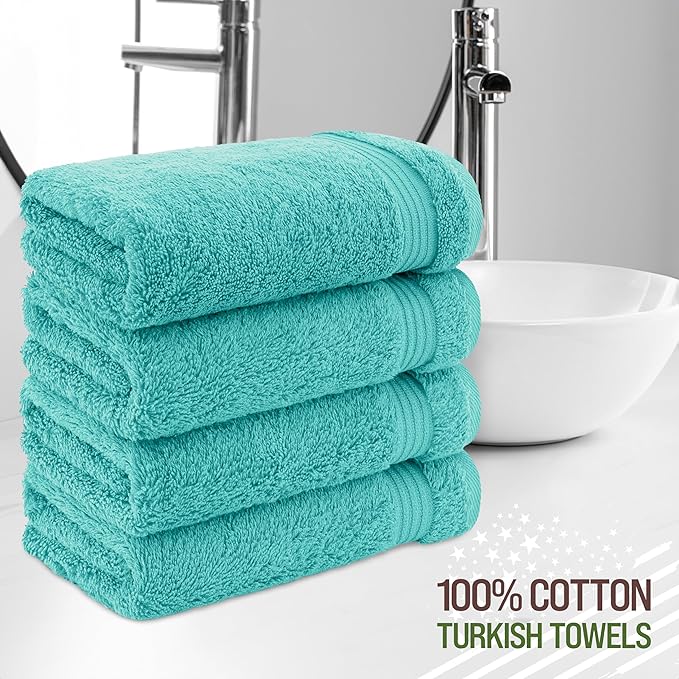 American Veteran Towel, Hand Towels for Bathroom Set of 4, 100% Cotton Turkish Hand Towel Sets Clearance Prime, Soft Drying Hand Face Towels, Turquoise Blue Hand Towels