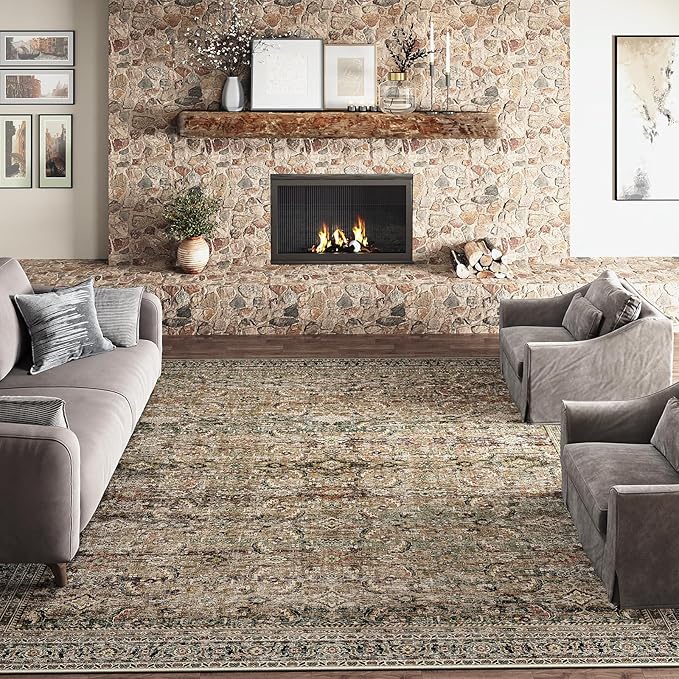 10x14 Washable Area Rug Brown Vintage Distressed Living Room Bedroom Large Throw Rug Non Slip Low Pile Soft Accent Indoor Floor Carpet for Dining Room Office Entryway Kitchen