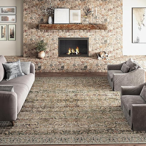 10x14 Washable Area Rug Brown Vintage Distressed Living Room Bedroom Large Throw Rug Non Slip Low Pile Soft Accent Indoor Floor Carpet for Dining Room Office Entryway Kitchen