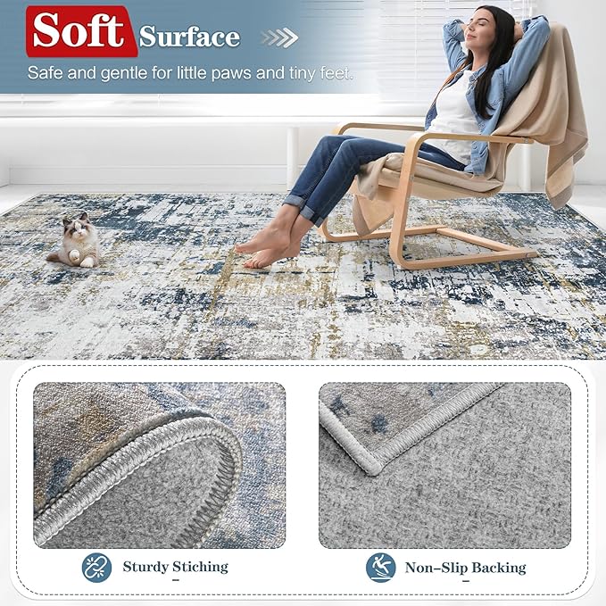 6x9 Area Rugs for Living Room: Washable Modern Abstract Rug Large Soft Non Slip Rug Indoor Low Pile Carpet for Bedroom Dining Room Home - Blue Grey Brown