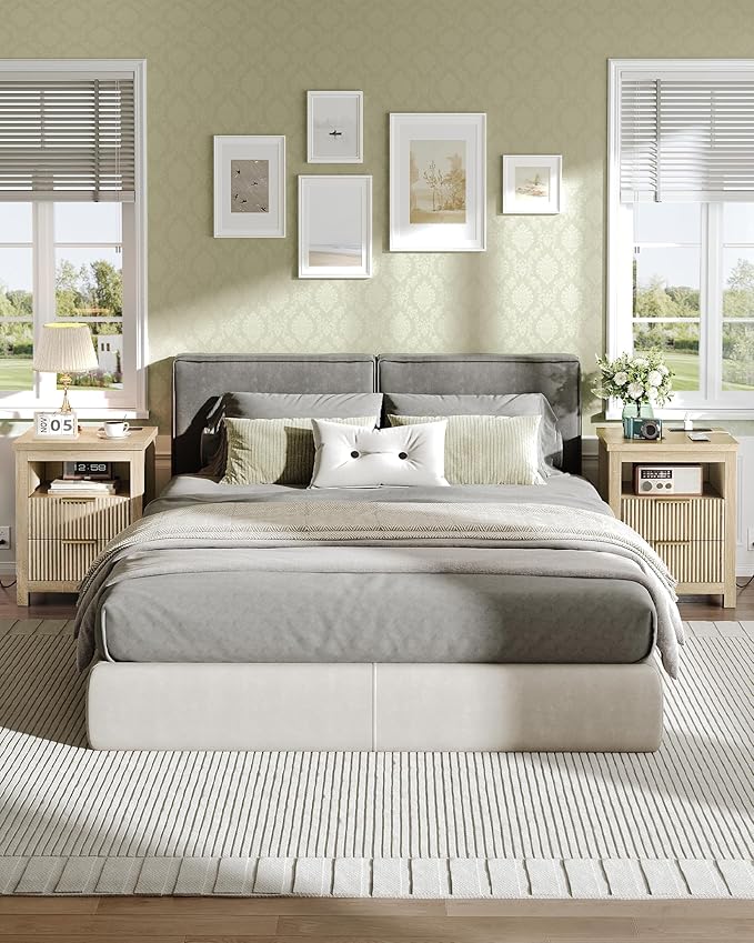 Fluted Nightstand, End Table with Charging Station and 2 Drawers, Farmhouse Nightstands with Fluted Panel, Engineered Wood Side Table for Bedroom Sunwashed Ash Oak MBZ06USO