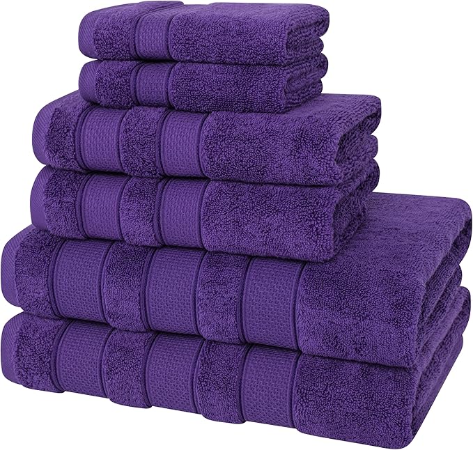 American Soft Linen Salem Turkish Bath Towel Set, 100% Cotton 600 GSM 6 Piece Towels for Bathroom, 2 Bath Towels 2 Hand Towels 2 Washcloths, Purple