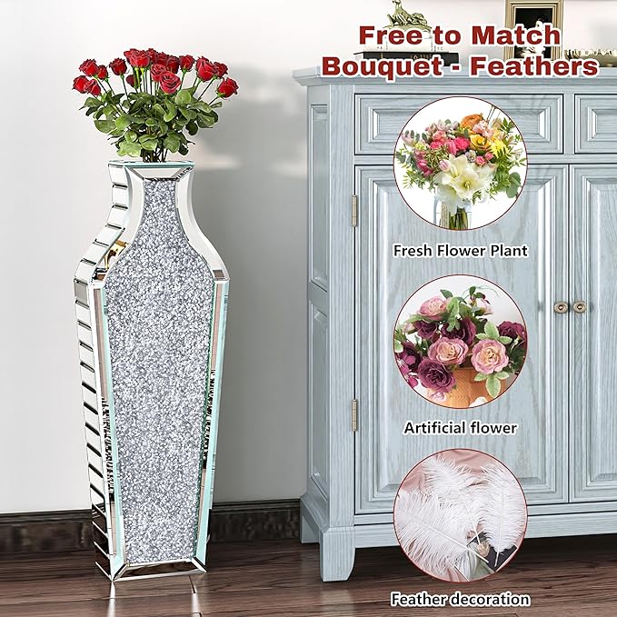 27" Tall Floor Crystal Vase Crushed Diamond Floor Vase Large Silver Vases for Decor Living Room Big Glass vases