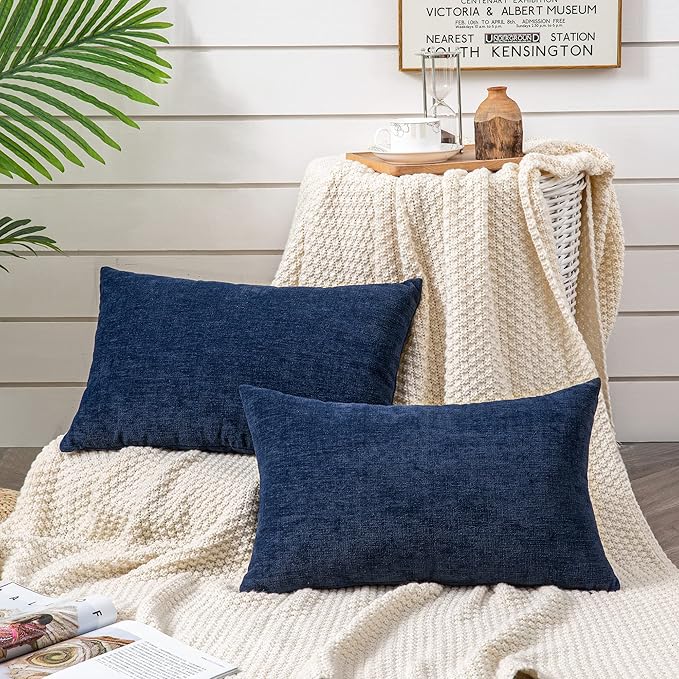 GAWAMAY Lumbar Support Pillow Decorative Rectangle Throw Pillow Covers 12"x20" Inch Set of 2, Soft Chenille Pillowcase for Living Room Bedroom Sofa Couch Cushion Cover Navy Blue 30x50cm (ONLY Covers)