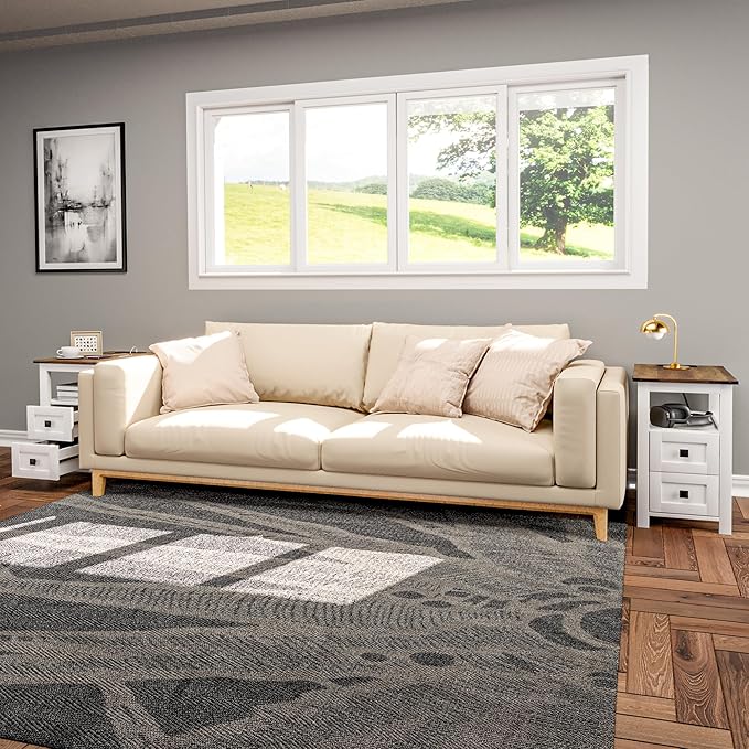 Farmhouse Nightstand with Charging Station and 2 Storage Drawers, Bedside Table with Barn Door and Shelf, Rustic End Table Side Table for Bedroom, Living Room, Sofa