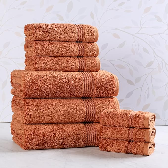 Superior Egyptian Cotton 9-Piece Towel Set, Assorted Towels for Home Bathroom, Master Bath, Decor Essentials, Includes 3 Bath, 3 Hand, 3 Face Towels/Washcloths, Quick Dry, Absorbent, Caramel Brown