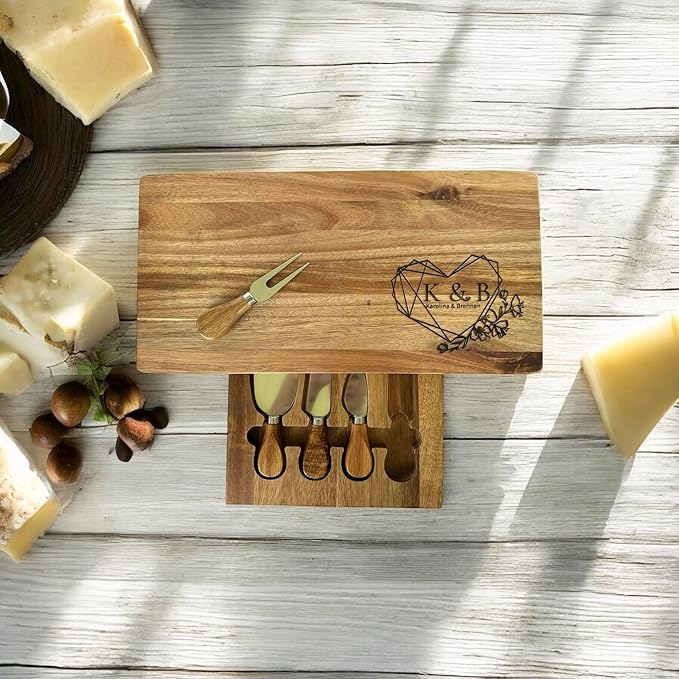 Personalized Charcuterie Board with Cheese Knives - Custom Engraved Cutting Board Set - Wedding Gift, Anniversary, Houswarming Gift for Couple - Acacia Wood Cheese Tray with Drawers