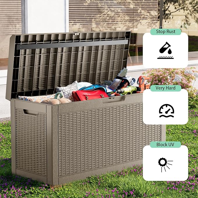 60 Gallon Deck Box,Resin Outdoor Storage Box with Lockable for Patio Furniture, Pool Accessories, Garden Tools, Waterproof Outside Storage Box, Grey Pattern