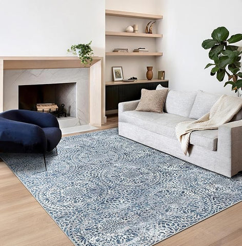 vivorug 8x10 Area Rugs for Living Room, Non-Slip Backing Washable Blue Rug 8x10, Large Area Rug Soft Carpet for Bedroom Dining Room, Vintage, Easy Clean, Durable, Low Pile Rug Under Table