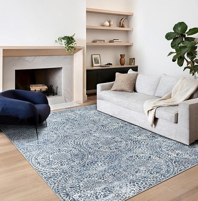 vivorug 9x12 Area Rugs for Living Room, Non Slip Machine Washable Vintage Blue Rug, Ultra-Thin Lightweight Large Area Rug for Bedroom, Dining Room, Low Pile Rug