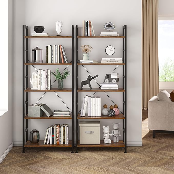 VERMESS 5 Tier Bookshelf, Tall Book Shelf, Vintage Industrial Bookcase with Open Display Shelves, Wood Storage Shelving Unit Metal Frame Standing Bookshelves for Bedroom/Home/Office, Rustic Brown