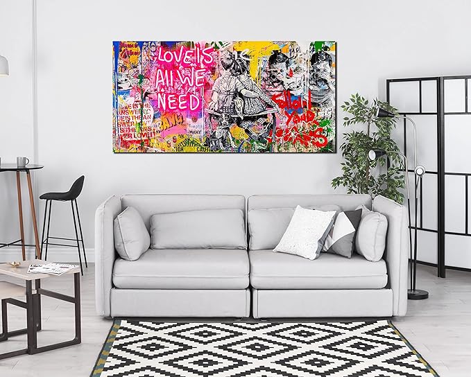 JKWALL77 Banksy Wall-Art - Graffiti Canvas Wall Art - Abstract Wall Decor For Living Room Large Size Ready To Hang Size 59" x 29"