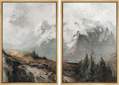 MUDECOR Framed Canvas Print Wall Art Majestic Snow-Capped Mountains Alpine Wilderness Nature Wilderness Illustrations Realism Decorative Scenic for Living Room, Bedroom, Office - 24"x36"x2 Natural