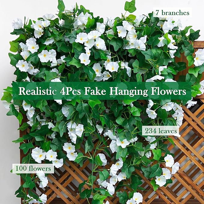 4 PCS Artificial Hanging White Flowers for Outdoors Faux Hanging Plants Outdoor Faux Outdoor Plants for Planters Look Real for Outside Home Indoor Porch Patio Yard Decor