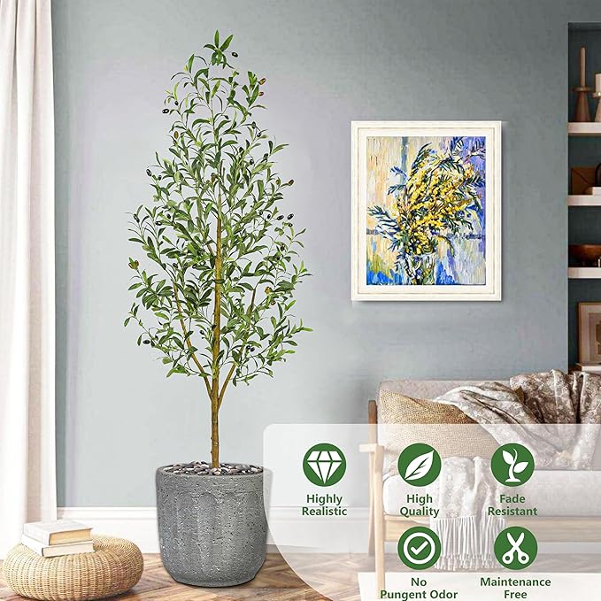 Artificial Olive Tree Artificial Plants, Tall Faux Olive Silk Plant with White Planter Home Office Decor Indoor Fake Potted Tree with Lifelike Fruits Housewarming Gift (1, White, 6FT)