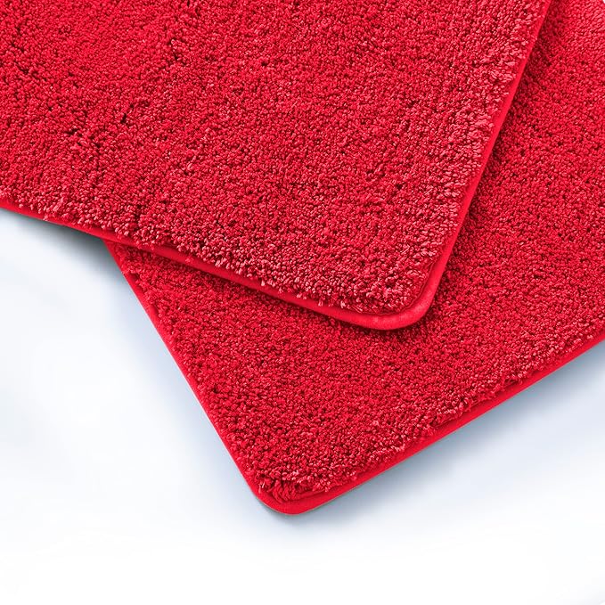 YHF Bathroom Rug Set 2 Piece, Extra Thick & Soft Microfiber Shaggy, Machine Washable Bath Mats, Absorbent Bath Rugs, Non-Slip Rubber Backing Bath Mat for Bathroom Floor, Tub and Shower, Red