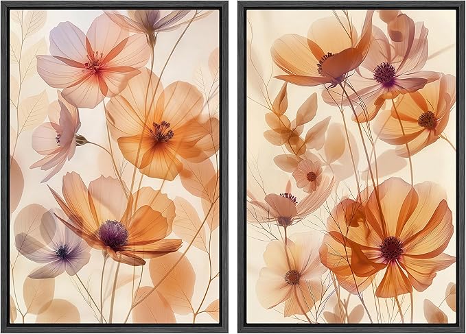 MUDECOR Framed Canvas Print Wall Art Orange Purple Wildflower Botanical Illustrations Modern Art Decorative Bohemian Colorful Chic for Living Room, Bedroom, Office - 16"x24"x2 BLACK