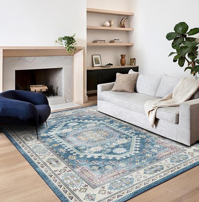 vivorug Blue 5x7 Area Rugs - Ultra-Thin Washable Rug with Non-Slip Backing, Ideal for Living Room, Bedroom, Dining Room Indoor - Vintage, Easy Clean, Durable, Low Pile Rug