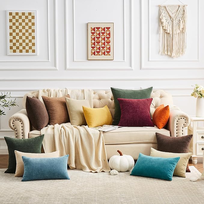 GAWAMAY Decorative Square 16x16 Inch Throw Pillow Covers Set of 2, Super Soft Chenille Pillows Farmhouse Fall Pillowcase for Living Room Bedroom Sofa Couch Cushion Cover Khaki 40x40cm (No Insert)