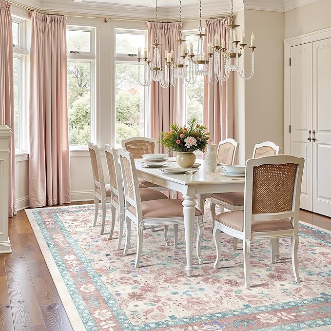 Deerly Pink Washable Floral Rugs 8x10 Large Vintage Living Room Carpet Boho Non-Slip Soft Low Pile Thin Bedroom Floor Mat Indoor for Playroom Nursery Kids Girls Room Farmhouse, Light Pink/Blue/Multi