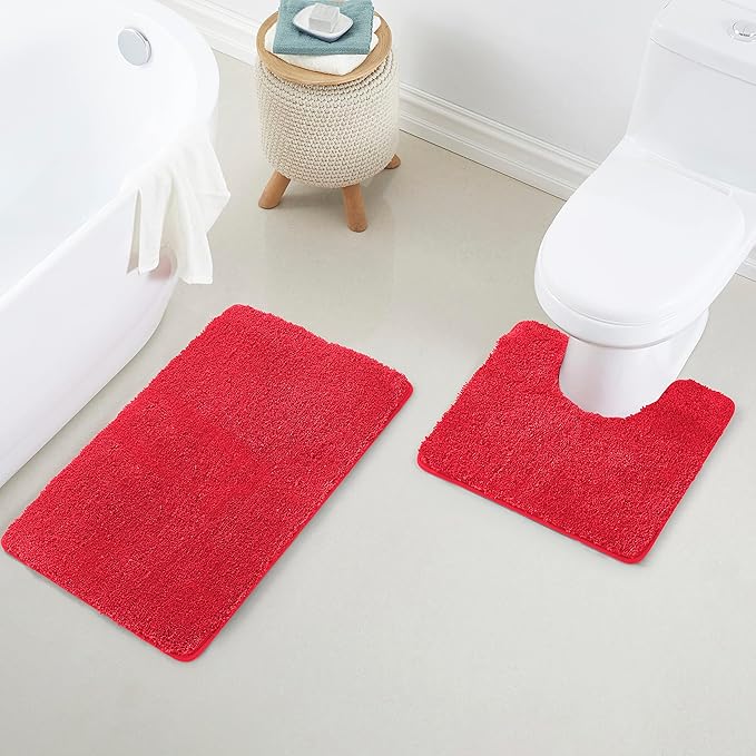YHF Bathroom Rug Set 2Piece, Thick &Soft Microfiber Shaggy, U Shaped Contour, Machine Washable Bath Mats, Absorbent Bath Rugs, Non-Slip Rubber Backing Bath Mat for Bathroom Floor, Tub and Shower, Red