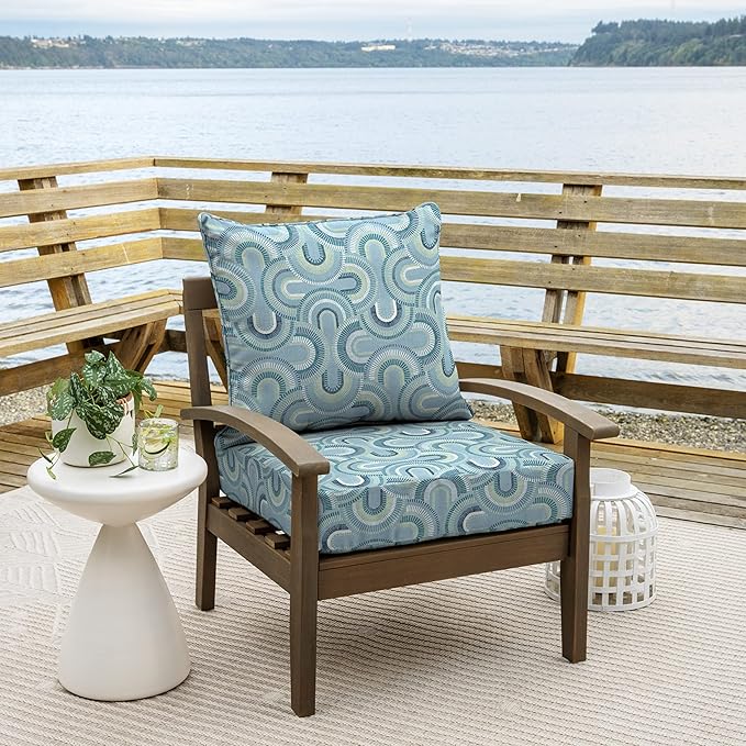 Arden Outdoor Deep Seat Cushion Set, 24 in x 24 in, Weather-Proof, Rain-Proof, Fade Resistant Patio Cushion for Chair, Sofa, and Couch Coastal Blue Geometric