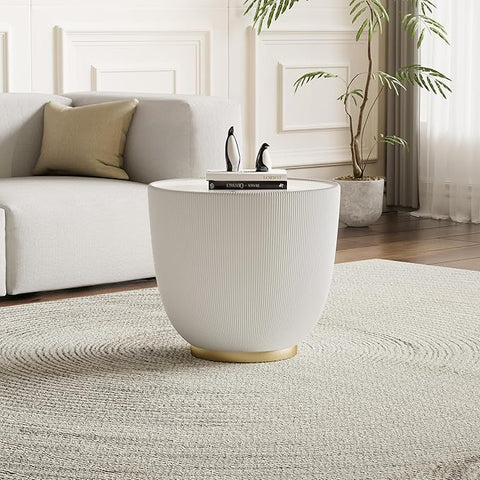 19.7" Round End Table Luxury Cup Shape Leather Sofa Beside Tables, Circle Sofa Couch Table PU Leather, Modern White Marble Top Drum Bowl Living Room Tables for Living Room Bedroom Apartment