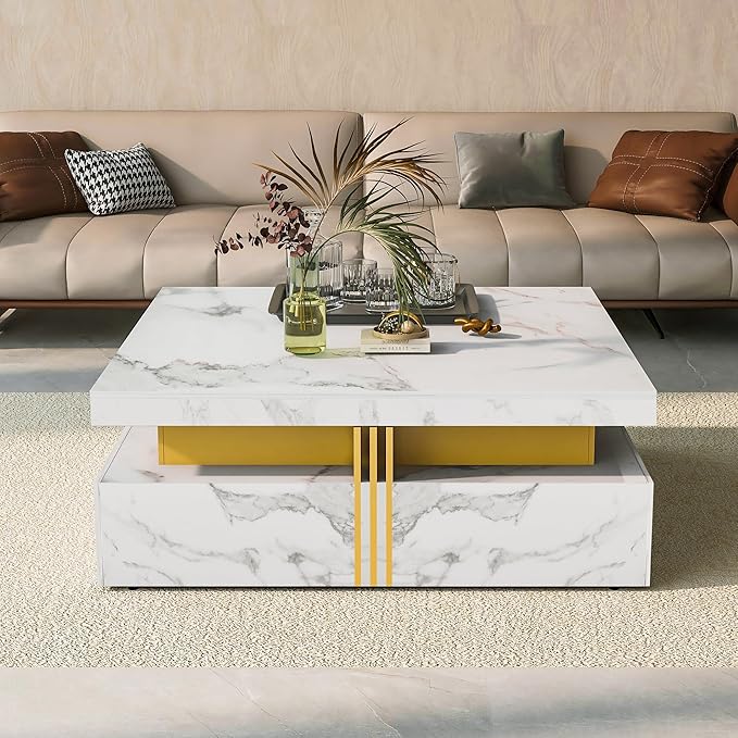 Merax Coffee Table, Modern Square Coffee Table with 4 Drawers, Contemporary Luxury Center Table Cocktail Table with Gold Accents for Living Room, 43.3" Lx 43.3" W (White)