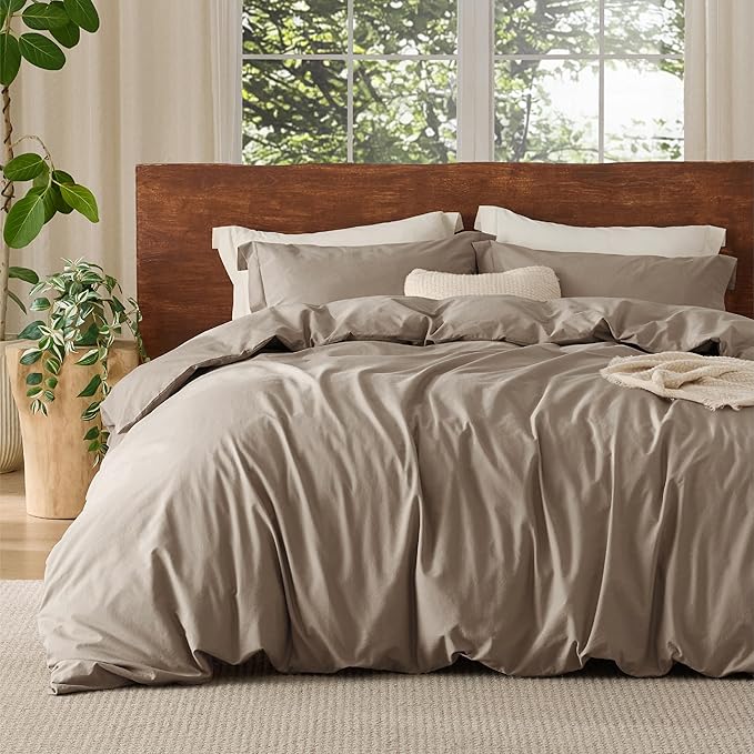 Bedsure 100% Washed Cotton Duvet Cover Oversized Queen - Muted Brown Minimalist Duvet Cover Linen Like - GentleSoft™ Plain Simple Bedding, 3 Pieces (Muted Brown, Oversized Queen, 98"x98")