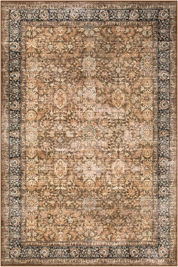 Morebes Washable 6x9 Area Rugs,Vintage Large Area Rug Non Slip,Ultra-Thin Boho Rug for Dining Room Table,Distressed Soft Throw Carpet for Bedroom Office Living Room, Dark Brown