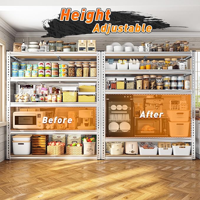 REIBII 40" W Garage Shelving 2500LBS Storage Shelves Adjustable Metal Shelving 5 Tier Pantry Shelves for Garage Closet Kitchen Basement 40" W x 19.7''D x 72''H, Silver