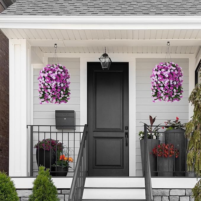 Artificial Fake Flowers Plants Hanging Baskets Outdoor Outside Spring Decor, Faux Silk Light Fuchsia and Fuchsia UV Resistant Look Real Morning Glory Home Patio Porch Balcony Decoration