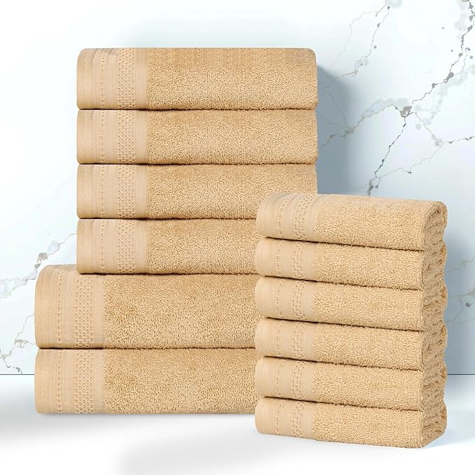 Superior Honeycomb 100% Cotton 500 GSM 12 Piece Bath Towel Set, 6 Washcloths, 4 Hand, 2 Bath Towels, Ideal for Bathroom, Kitchen or Beach, Quick Dry, Jacquard and Solid, Mid-Weight, Gold