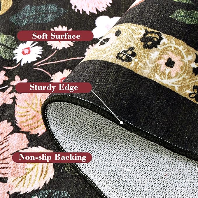 Deerly Large Floral Washable Area Rugs 9x12 for Living Room Vintage Boho Non-Slip Bedroom Carpet Soft Low Pile Thin Floor Mat Indoor for Dining Room Playroom Nursery Farmhouse, Black/Multi