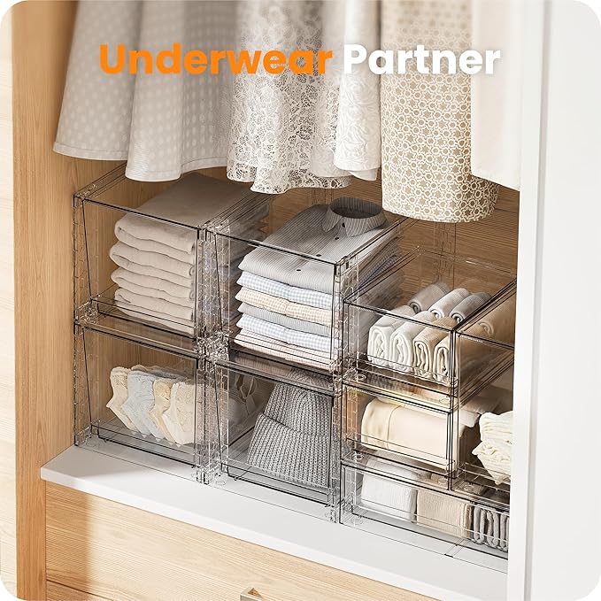 A-LuGei 【𝟰𝗣𝗖𝗦】 Acrylic Stackable Storage Drawers, 11.8" L Makeup Organizer, Bathroom Organizer and Storage, Plastic Storage Bins for Kitchen Cabinet Pantry Medicine Fridge